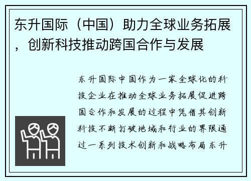 东升国际（中国）助力全球业务拓展，创新科技推动跨国合作与发展